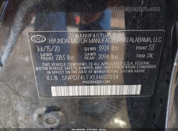 5NPD74LFXLH607034 2020 HYUNDAI ELANTRA Black Vista del compartimento del motor