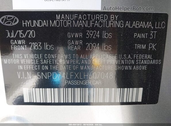 5NPD74LFXLH607048 2020 HYUNDAI ELANTRA Silver Widok komory silnika