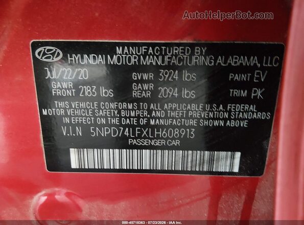 5NPD74LFXLH608913 2020 HYUNDAI ELANTRA Red Vista del compartimento del motor