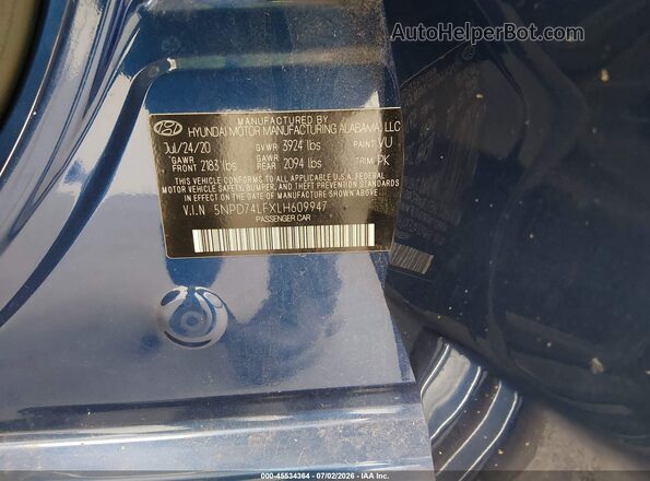 5NPD74LFXLH609947 2020 HYUNDAI ELANTRA Blue ძრავის განყოფილების ხედი