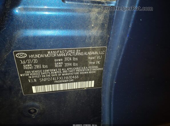 5NPD74LFXLH610466 2020 HYUNDAI ELANTRA Синий Вид подкапотного пространства