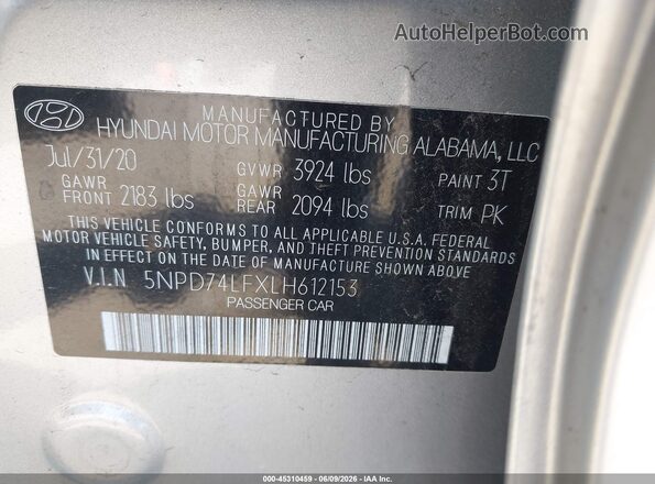 5NPD74LFXLH612153 2020 HYUNDAI ELANTRA Silver Widok komory silnika