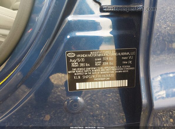 5NPD74LFXLH616820 2020 HYUNDAI ELANTRA Blue Widok komory silnika