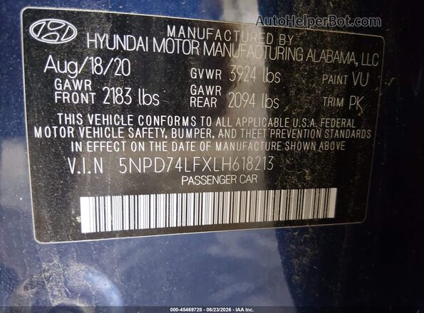 5NPD74LFXLH618213 2020 HYUNDAI ELANTRA Blue ძრავის განყოფილების ხედი
