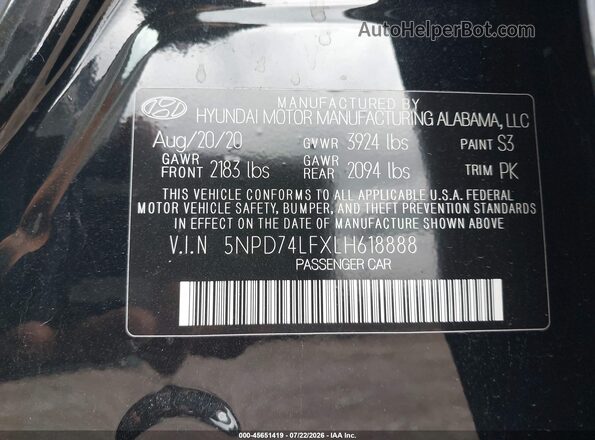 5NPD74LFXLH618888 2020 HYUNDAI ELANTRA Black ძრავის განყოფილების ხედი