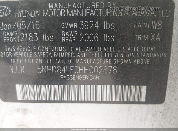 5NPD84LF0HH002878 2017 HYUNDAI ELANTRA White Engine compartment view