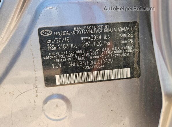 5NPD84LF0HH010429 2017 HYUNDAI ELANTRA Silver Vista de la etiqueta del VIN