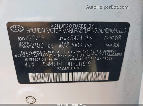 5NPD84LF0HH011919 2017 HYUNDAI ELANTRA White Engine compartment view