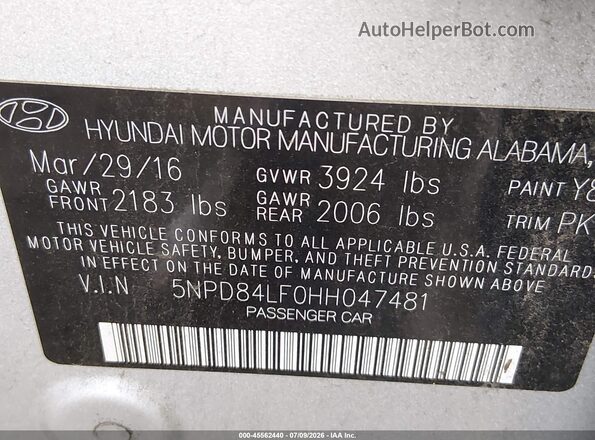 5NPD84LF0HH047481 2017 HYUNDAI ELANTRA Silver Vista del compartimento del motor