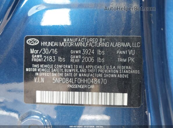 5NPD84LF0HH048470 2017 HYUNDAI ELANTRA Blue Vista del compartimento del motor