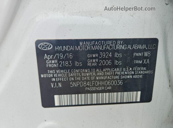5NPD84LF0HH060036 2017 HYUNDAI ELANTRA White Vista del compartimento del motor