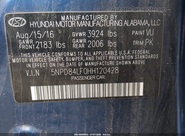 5NPD84LF0HH120428 2017 HYUNDAI ELANTRA Синий Вид подкапотного пространства