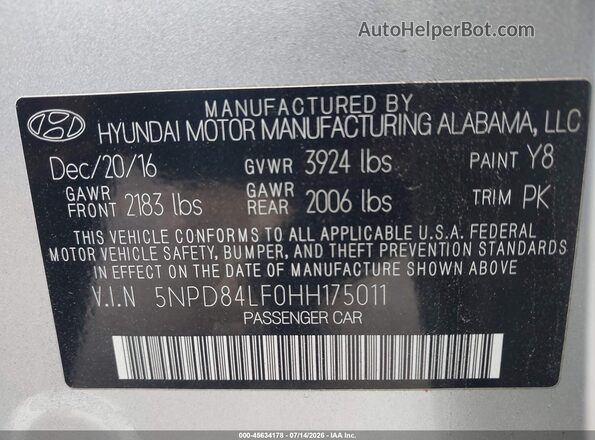 5NPD84LF0HH175011 2017 HYUNDAI ELANTRA Silver Вид підкапотного простору