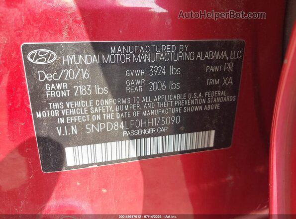 5NPD84LF0HH175090 2017 HYUNDAI ELANTRA Red Շարժիչի բաժամունքի տեսք