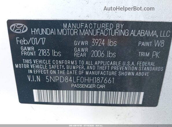 5NPD84LF0HH187661 2017 HYUNDAI ELANTRA White Vista del compartimento del motor