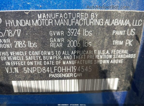 5NPD84LF0HH194545 2017 HYUNDAI ELANTRA Blue Շարժիչի բաժամունքի տեսք