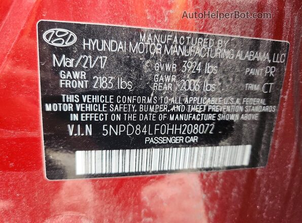 5NPD84LF0HH208072 2017 HYUNDAI ELANTRA Red Вид наклейки з VIN-кодом