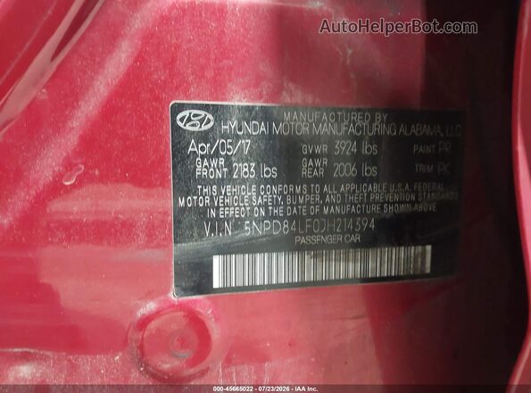 5NPD84LF0JH214394 2018 HYUNDAI ELANTRA Red ძრავის განყოფილების ხედი