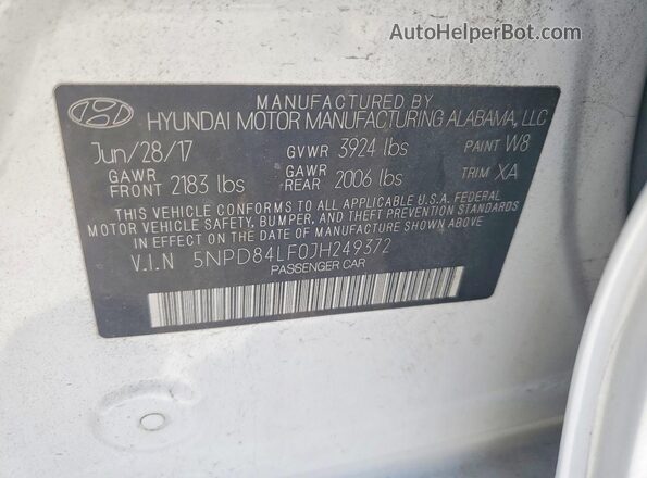 5NPD84LF0JH249372 2018 HYUNDAI ELANTRA White VIN կոդի պիտակի տեսք