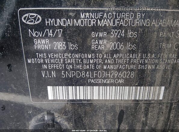 5NPD84LF0JH296028 2018 HYUNDAI ELANTRA Black Engine compartment view