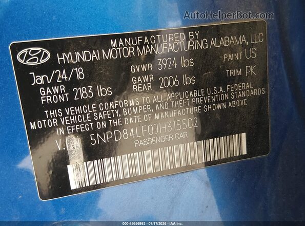 5NPD84LF0JH315502 2018 HYUNDAI ELANTRA Blue ძრავის განყოფილების ხედი
