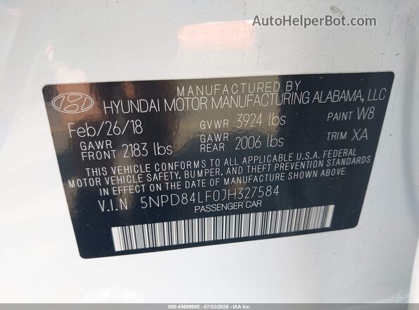5NPD84LF0JH327584 2018 HYUNDAI ELANTRA White Engine compartment view