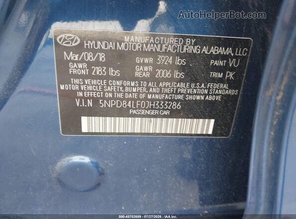 5NPD84LF0JH333286 2018 HYUNDAI ELANTRA Синий Вид подкапотного пространства