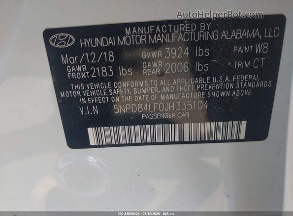 5NPD84LF0JH335104 2018 HYUNDAI ELANTRA Белый Вид подкапотного пространства