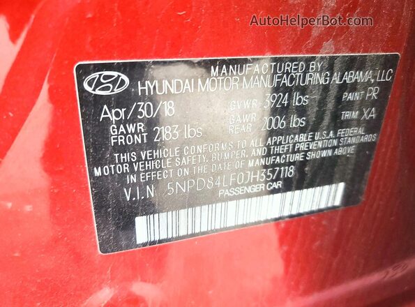 5NPD84LF0JH357118 2018 HYUNDAI ELANTRA Red Вид підкапотного простору