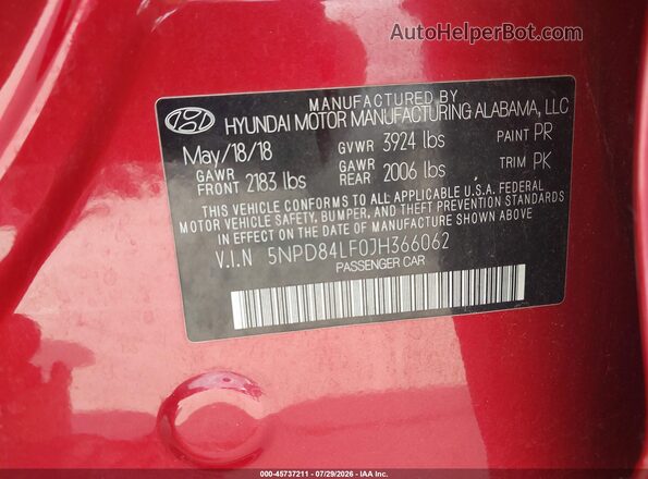 5NPD84LF0JH366062 2018 HYUNDAI ELANTRA Red Vista del compartimento del motor