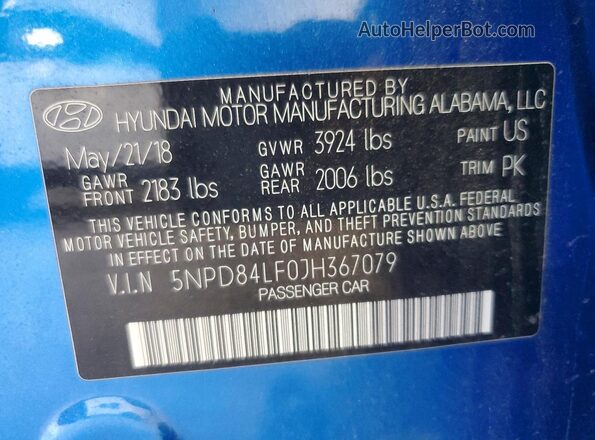 5NPD84LF0JH367079 2018 HYUNDAI ELANTRA Blue Vista del compartimento del motor