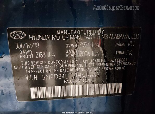 5NPD84LF0JH387669 2018 HYUNDAI ELANTRA Blue Widok komory silnika
