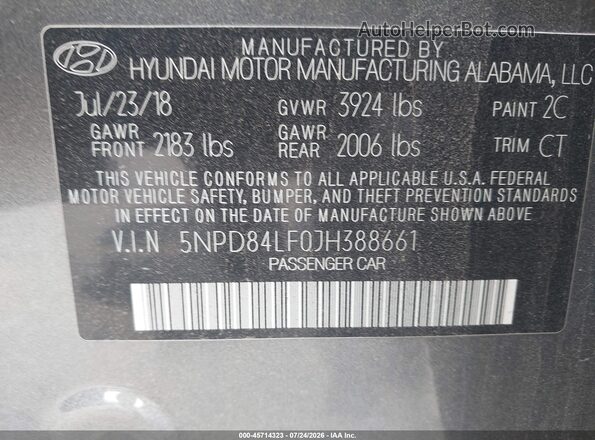 5NPD84LF0JH388661 2018 HYUNDAI ELANTRA Gray ძრავის განყოფილების ხედი