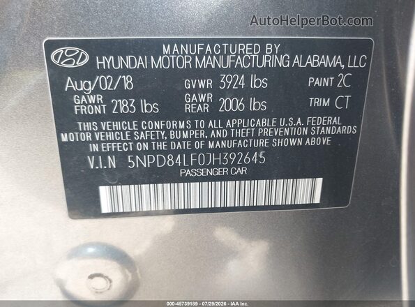 5NPD84LF0JH392645 2018 HYUNDAI ELANTRA Gray Շարժիչի բաժամունքի տեսք