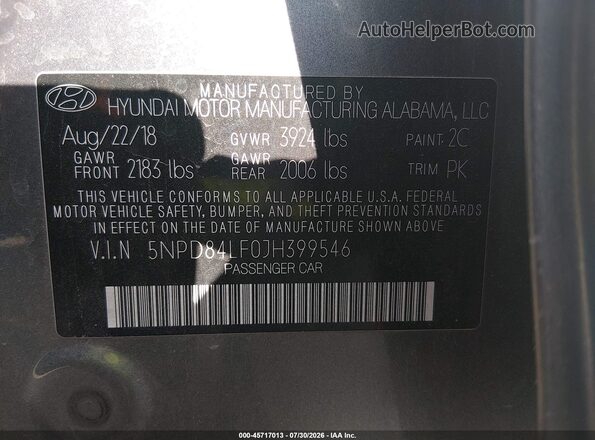 5NPD84LF0JH399546 2018 HYUNDAI ELANTRA Gray Widok komory silnika