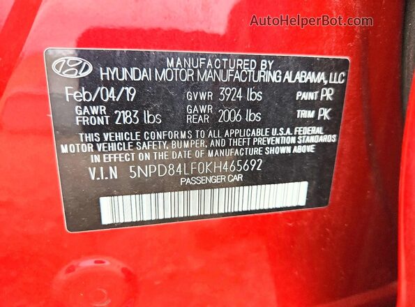5NPD84LF0KH465692 2019 HYUNDAI ELANTRA Red Вид наклейки з VIN-кодом