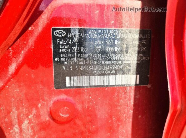 5NPD84LF0KH469404 2019 HYUNDAI ELANTRA Red VIN կոդի պիտակի տեսք