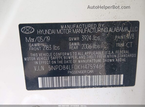 5NPD84LF0KH475946 2019 HYUNDAI ELANTRA Белый Вид подкапотного пространства