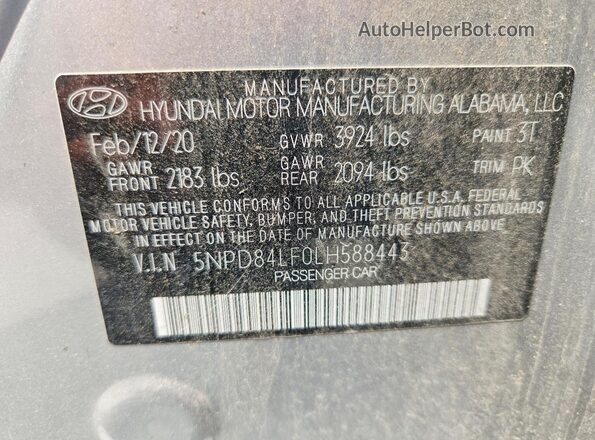 5NPD84LF0LH588443 2020 HYUNDAI ELANTRA Silver Widok naklejki z numerem VIN