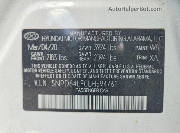 5NPD84LF0LH594761 2020 HYUNDAI ELANTRA White Engine compartment view