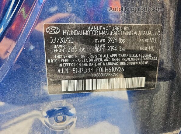 5NPD84LF0LH610926 2020 HYUNDAI ELANTRA Синий Вид подкапотного пространства