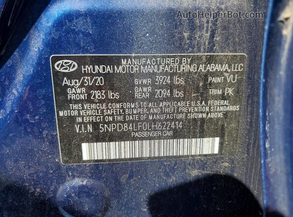 5NPD84LF0LH622414 2020 HYUNDAI ELANTRA Blue Widok komory silnika