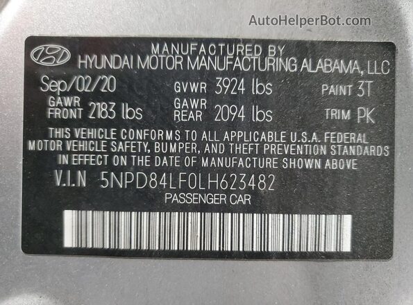 5NPD84LF0LH623482 2020 HYUNDAI ELANTRA Silver Vista del compartimento del motor