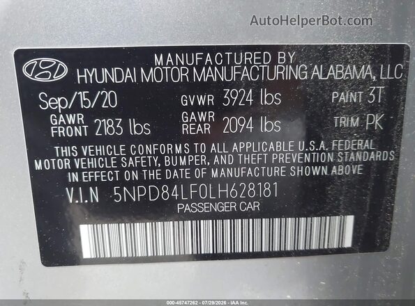 5NPD84LF0LH628181 2020 HYUNDAI ELANTRA Серебряный Вид подкапотного пространства