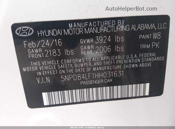 5NPD84LF1HH031631 2017 HYUNDAI ELANTRA White Engine compartment view
