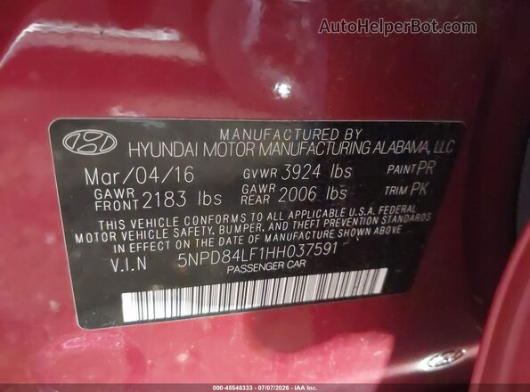 5NPD84LF1HH037591 2017 HYUNDAI ELANTRA Red Vista del compartimento del motor