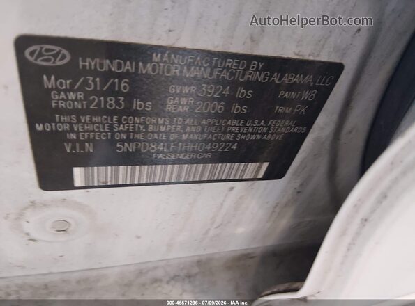 5NPD84LF1HH049224 2017 HYUNDAI ELANTRA White Engine compartment view