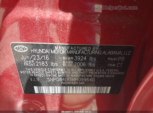 5NPD84LF1HH099640 2017 HYUNDAI ELANTRA Red Vista del compartimento del motor