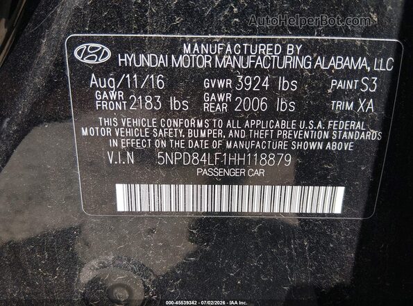 5NPD84LF1HH118879 2017 HYUNDAI ELANTRA Black Vista del compartimento del motor
