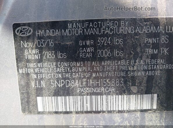 5NPD84LF1HH155883 2017 HYUNDAI ELANTRA Silver Vista del compartimento del motor